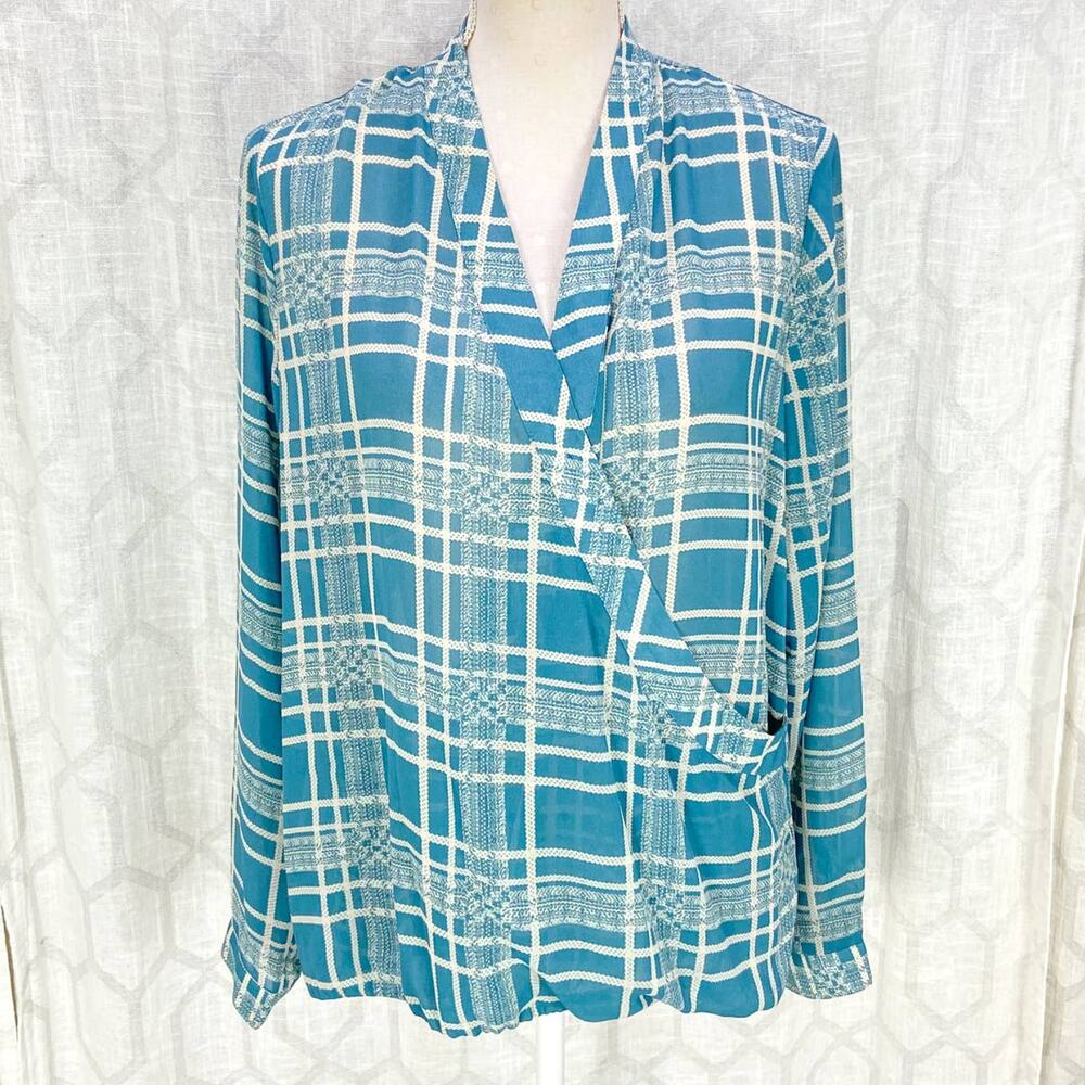 CAbi Windowpane Wrap Top Size M Teal Plaid Style 3068 Surplice V‎ Neck Blouse - Picture 2 of 10